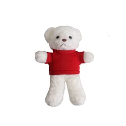 A white plush bear toy wearing a red shirt, featuring a friendly face and simplistic design.