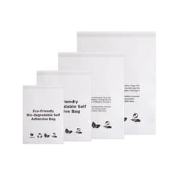 A set of four white biodegradable self-adhesive bags of varying sizes, featuring a logo and eco-friendly symbols.