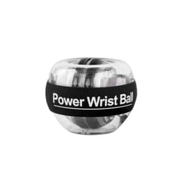 A transparent and black wrist ball with a circular design, featuring a logo on the band.