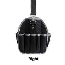 A black tool carrier bag with multiple pockets, featuring a strap and a ring for attachment. It has a logo.