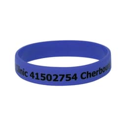 A blue silicone wristband featuring black text and a logo. Suitable for exhibitions and events.