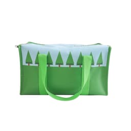 A green cooler bag featuring a tree design and sturdy green handles, with a zip closure on top.