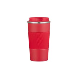 A travel mug in bright red with a ribbed silicone grip and a stainless steel lid. It features a logo.