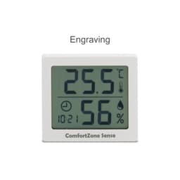 A digital temperature and humidity thermometer with a white frame displaying temperature and humidity readings.