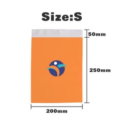 An orange biodegradable mailer bag with a white seal and a logo, measuring 200mm x 250mm.