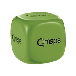 A green cube-shaped stress reliever featuring a logo on its surface.