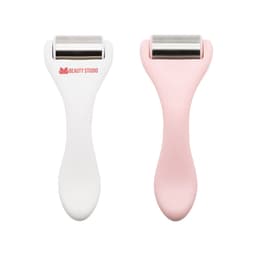 A set of two face ice rollers, one white with a silver roller and one pink with a silver roller. Both have branding.