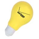 A yellow bulb-shaped stress reliever with a white base and a logo.