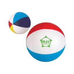 A colourful beach ball-shaped stress reliever featuring red, blue, yellow, and purple sections, with a logo.
