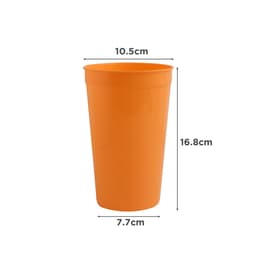 An orange plastic stadium cup, measuring 16.8cm in height and 10.5cm in diameter, featuring a branding logo.
