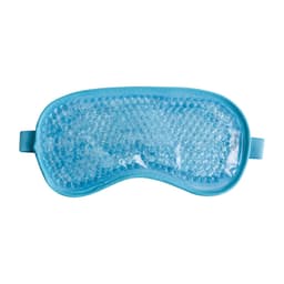 A gel eye mask in light blue, featuring a textured surface and an adjustable strap, with a logo visible.
