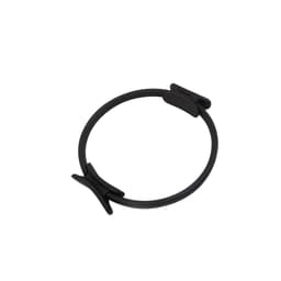 A black Pilates circle with a textured grip and flexible design, featuring a central stabilising clip.