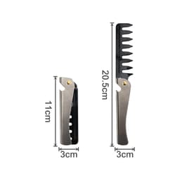 A folding comb in silver and black, featuring a compact design with measurement markings.