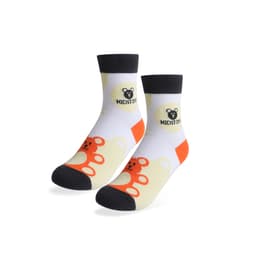 Colourful woven socks featuring a playful bear pattern, with a logo, in shades of yellow, orange, and black.