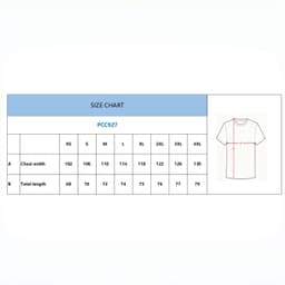 A size chart for a T-shirt, displaying measurements for various sizes including chest width and total length.