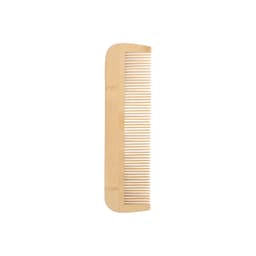 A fine-tooth bamboo comb in a light beige hue, featuring evenly spaced teeth and a smooth finish.