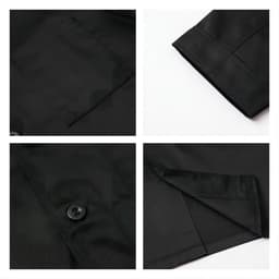 A classic black chef jacket featuring 3/4 sleeves, a single-breasted design, and a pocket detail.