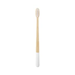 A large, conical handle toothbrush with a white base and a natural bamboo handle. It features colourful bristles.