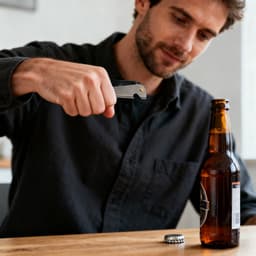 A man using a metallic bottle opener to open a brown beer bottle on a wooden table. The setting is casual and relaxed.