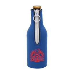 A drink bottle cooler in blue with a zippered design and a logo on the front. Suitable for standard bottles.
