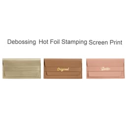 A PU leather glasses pouch in three colours: beige, brown, and pink, featuring a logo on each.