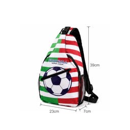 A crossbody bag featuring a football design with green, white, and red stripes and a mesh pocket. It has a branding logo.