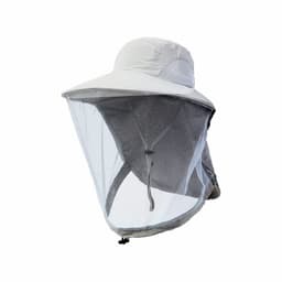 A lightweight beige hat with a transparent mesh face shield and a logo on the side.