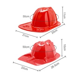 A red PVC fire chief hat with various measurements displayed, featuring a logo on its surface.