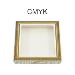 A square picture frame-style gift box with a decorative gold border and an empty interior. It has a logo.