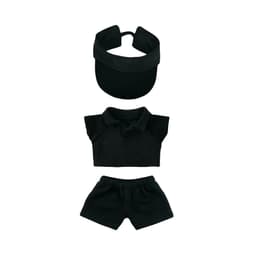 A black plush doll racing suit set featuring a visor, short-sleeved polo, and shorts, suitable for 15–17cm dolls.