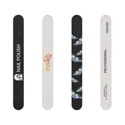 A set of nail files featuring decorative designs and various grit levels, including a butterfly pattern and a logo.