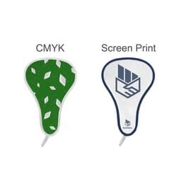 A foldable event fan featuring a green pattern on one side and a white design with a logo on the other.