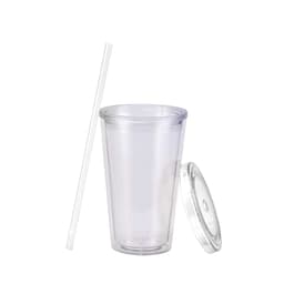 A set of clear 16oz plastic cups with lids and straws, featuring a smooth design and a simple logo.