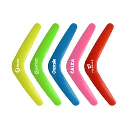Five V-shaped boomerang toys in bright colours: yellow, green, pink, red, and orange, featuring various logos.