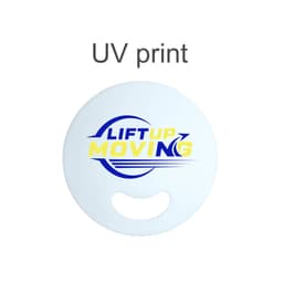 A round custom-shaped PP fan without handles in white, featuring a logo with blue and yellow text.