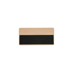 A wooden name badge with a black chalkboard section for writing, featuring a natural wood finish.