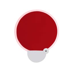 A 20cm foldable fan featuring a red fabric surface with a white handle. It has a circular shape and a logo.