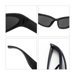 A pair of black wraparound sunglasses displayed from various angles, highlighting their sleek design and structure.