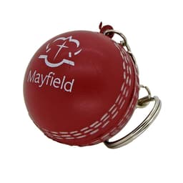 A red cricket ball stress reliever with a silver keyring attachment and a logo.