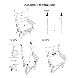 Assembly instructions for a wooden director's chair, featuring labelled parts A, B, C, D, and E.