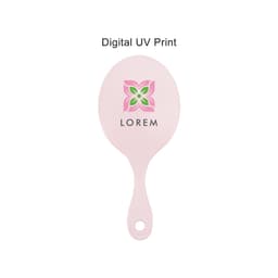 A pink handheld makeup mirror with a floral logo design in the centre.