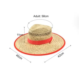 A straw hat with a wide brim, featuring a red band and natural straw colour. Includes measurement details.