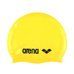 A yellow swimming cap with a logo featuring black branding.