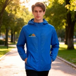 A blue unisex adult jacket made of 100% polyester, featuring a hood and a logo on the chest.