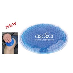 A blue gel cold/hot pack with a circular shape and a textured surface, featuring a logo.