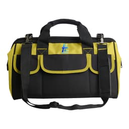 A black and yellow tool bag featuring a logo, adjustable shoulder strap, and multiple pockets for storage.