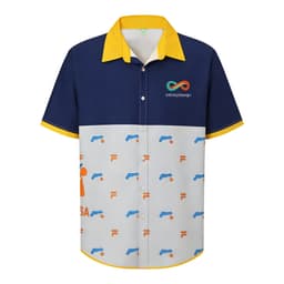 A short-sleeved, navy and white Hawaiian shirt with a yellow collar, featuring a logo and colourful patterns.