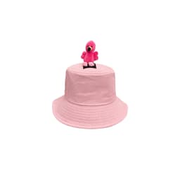 A pink bucket hat featuring a plush flamingo on top and a logo on the side.