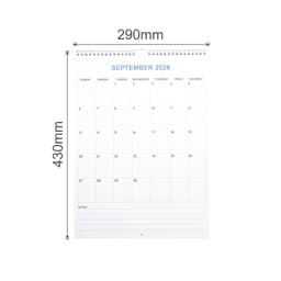 A vertical wall calendar featuring a clean, white design with blank spaces for September 2026, spiral-bound at the top.