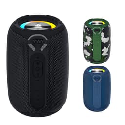 A waterproof Bluetooth speaker in black, camo, and blue designs, featuring buttons for volume and connectivity.
